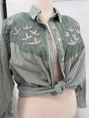 Jane Ashley Green Striped Embroidered Button Down 100% Cotton Size 2X Artsy